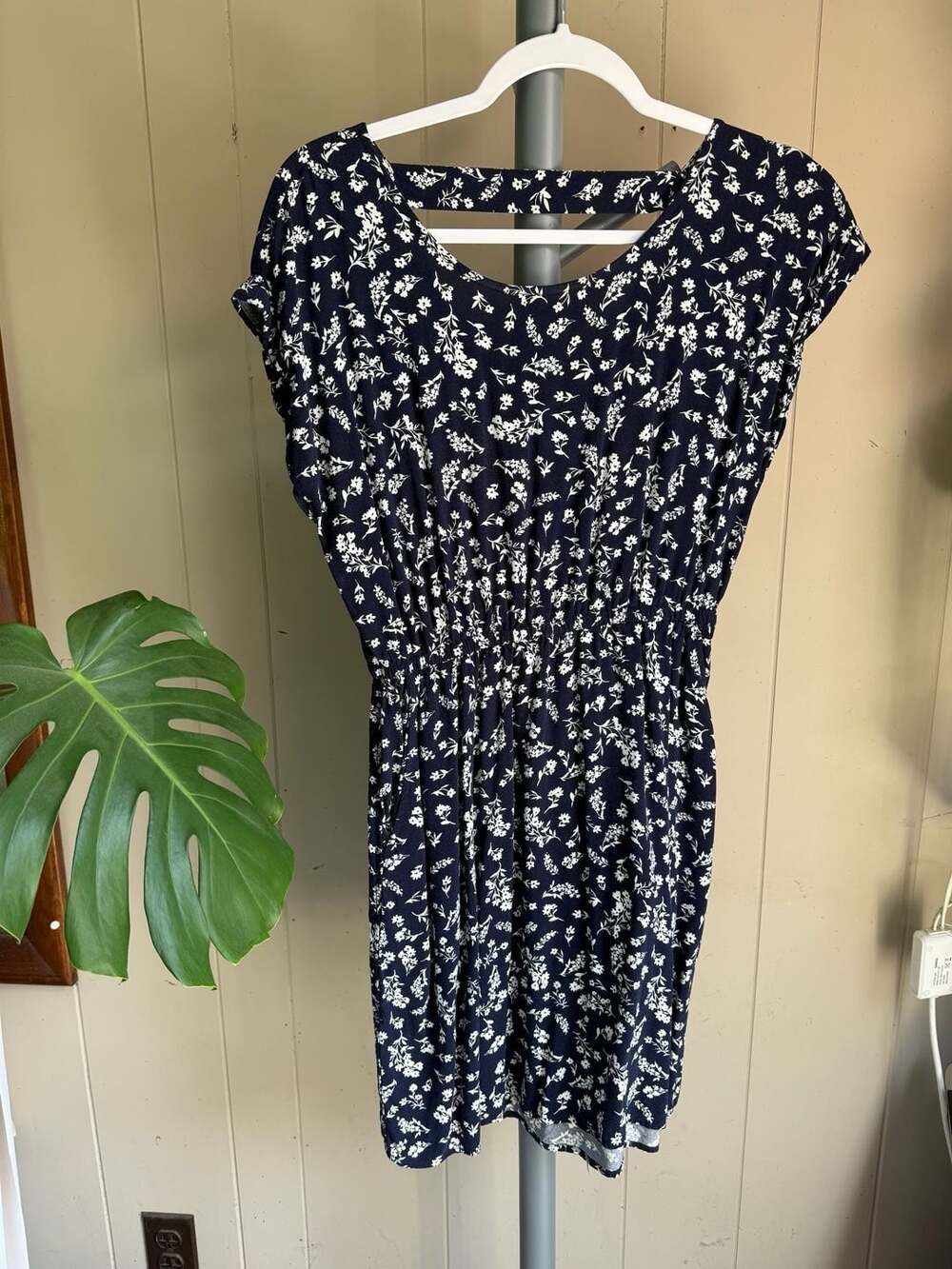 Pink Republic Navy Blue Floral Print Smocked Waist Casual Dress with Pockets